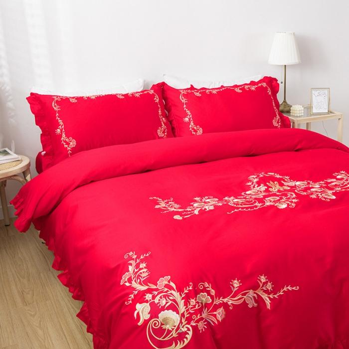 91家纺网 家纺一手货源 找家纺 雲归梦 2019新款60S长绒棉绣花四件套 花漾-大红