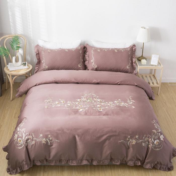 91家纺网 家纺一手货源 找家纺 雲归梦 2019新款60S长绒棉绣花四件套 花漾-豆沙