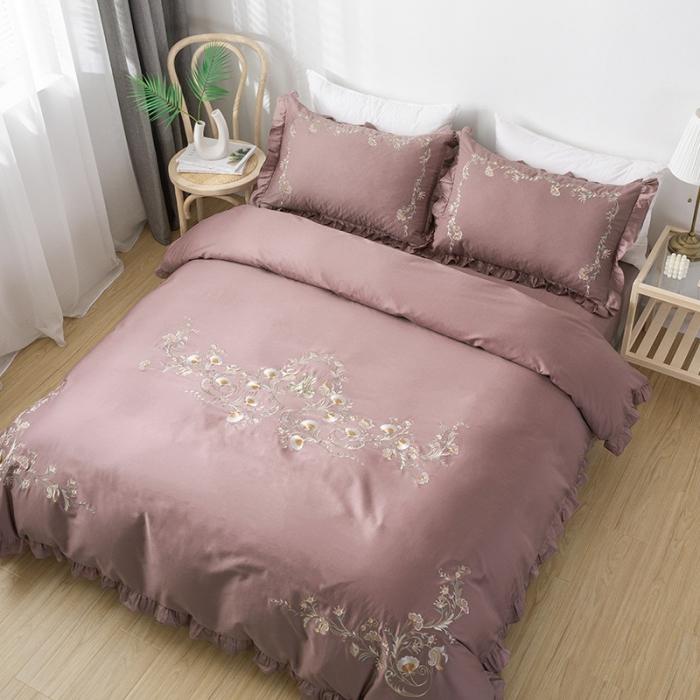 91家纺网 家纺一手货源 找家纺 雲归梦 2019新款60S长绒棉绣花四件套 花漾-豆沙