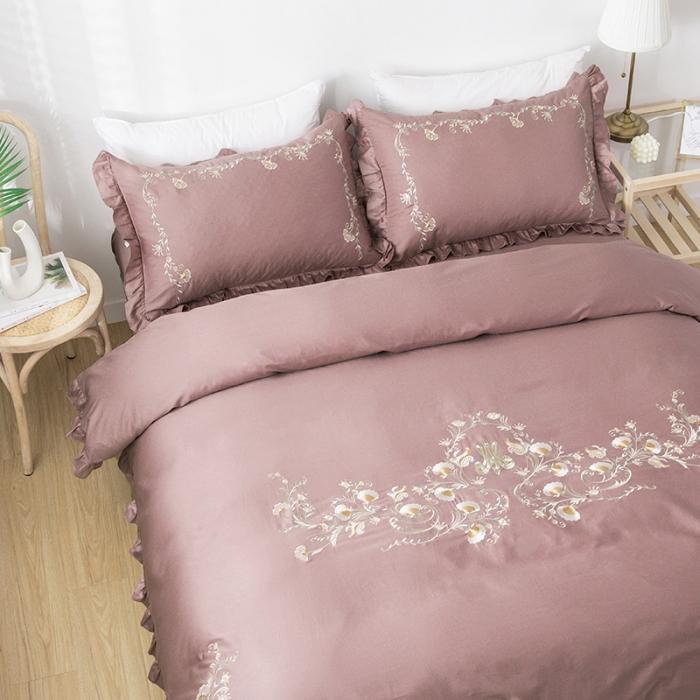 91家纺网 家纺一手货源 找家纺 雲归梦 2019新款60S长绒棉绣花四件套 花漾-豆沙