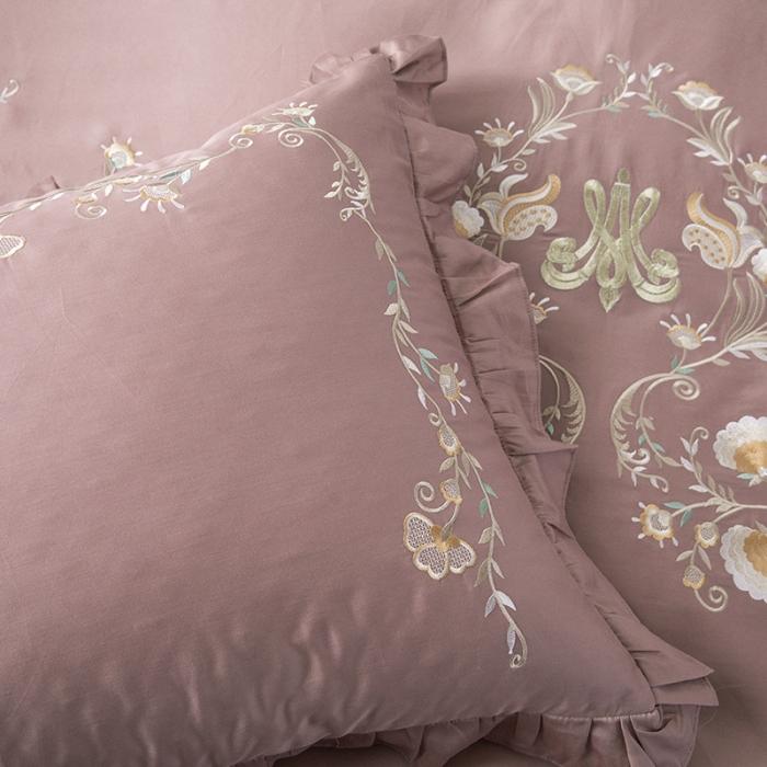 91家纺网 家纺一手货源 找家纺 雲归梦 2019新款60S长绒棉绣花四件套 花漾-豆沙