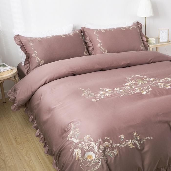 91家纺网 家纺一手货源 找家纺 雲归梦 2019新款60S长绒棉绣花四件套 花漾-豆沙