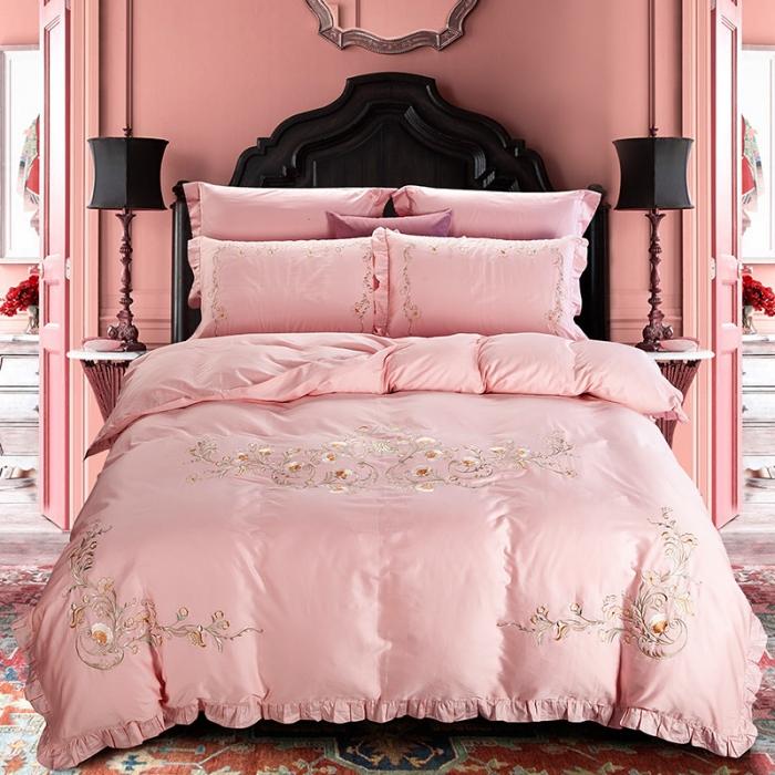 91家纺网 家纺一手货源 找家纺 雲归梦 2019新款60S长绒棉绣花四件套 花漾-漾粉