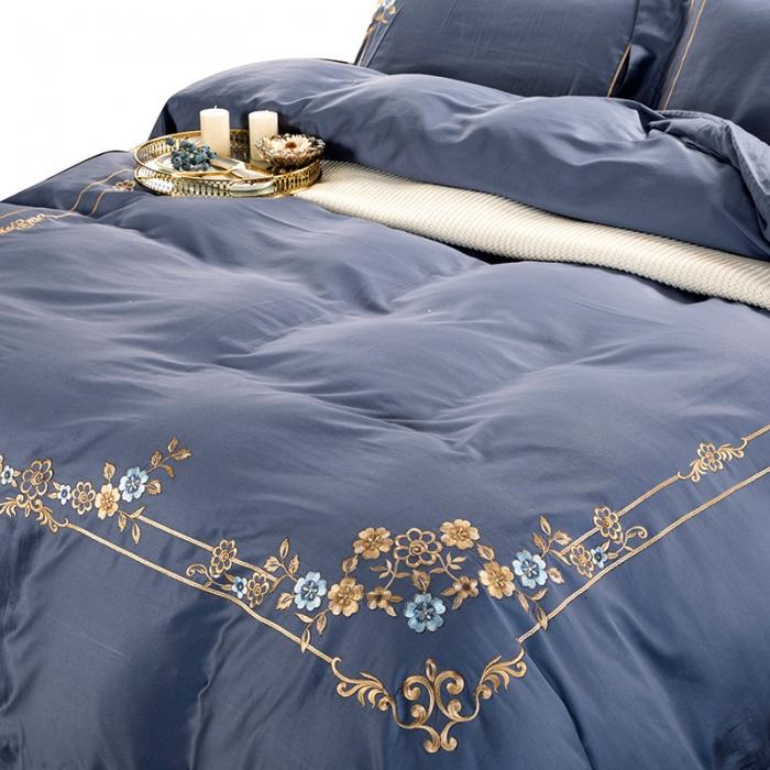 91家纺网 家纺一手货源 找家纺 雲归梦 2019新款60S长绒棉绣花四件套 恰逢花期-皇室蓝