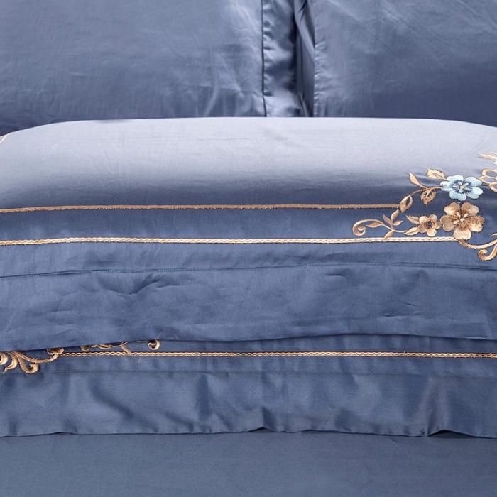 91家纺网 家纺一手货源 找家纺 雲归梦 2019新款60S长绒棉绣花四件套 恰逢花期-皇室蓝