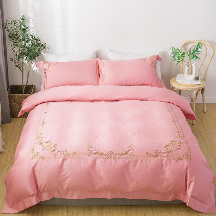 91家纺网 家纺一手货源 找家纺 雲归梦 2019新款60S长绒棉绣花四件套 恰逢花期-嫣粉