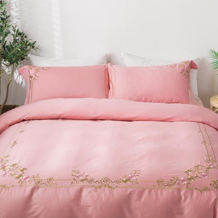 91家纺网 家纺一手货源 找家纺 雲归梦 2019新款60S长绒棉绣花四件套 恰逢花期-嫣粉