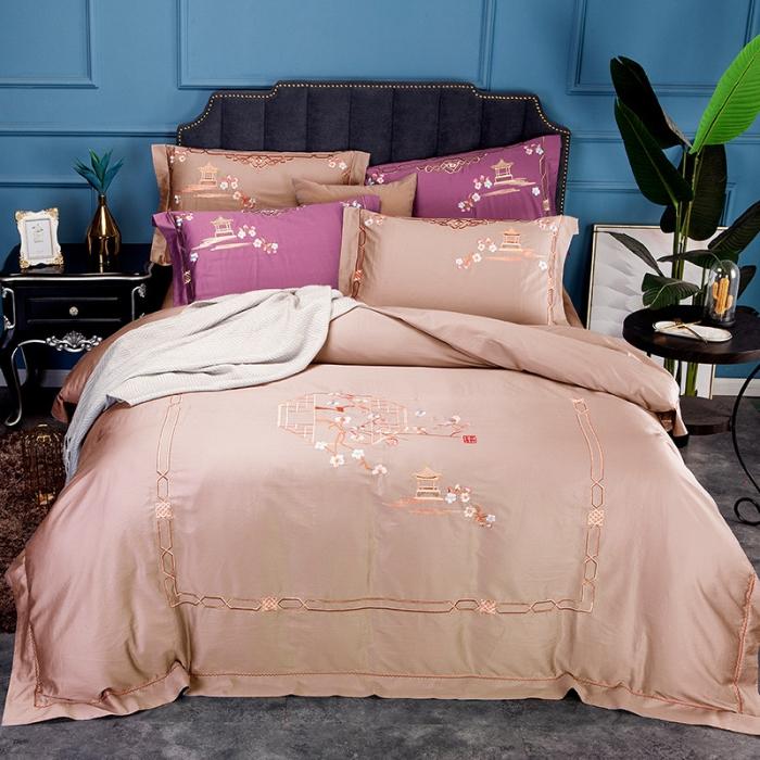 91家纺网 家纺一手货源 找家纺 雲归梦 2019新款60S长绒棉绣花四件套 庭院深深-淡玫粉