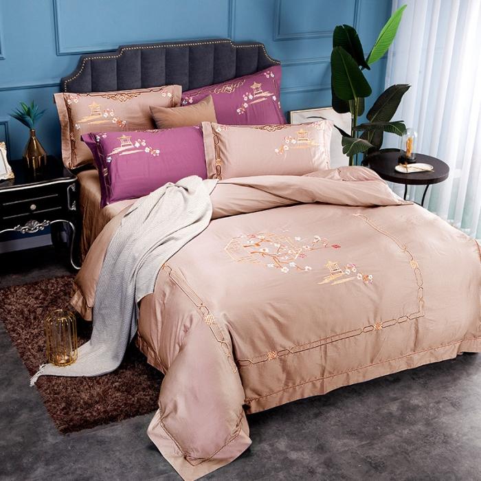91家纺网 家纺一手货源 找家纺 雲归梦 2019新款60S长绒棉绣花四件套 庭院深深-淡玫粉