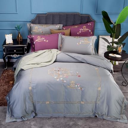 雲归梦 2019新款60S长绒棉绣花四件套 庭院深深-霜灰色