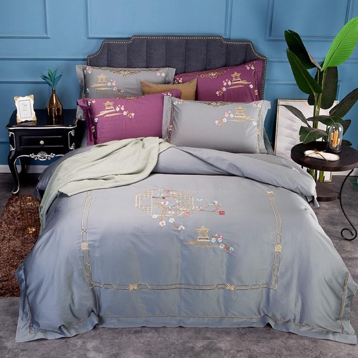 91家纺网 家纺一手货源 找家纺 雲归梦 2019新款60S长绒棉绣花四件套 庭院深深-霜灰色