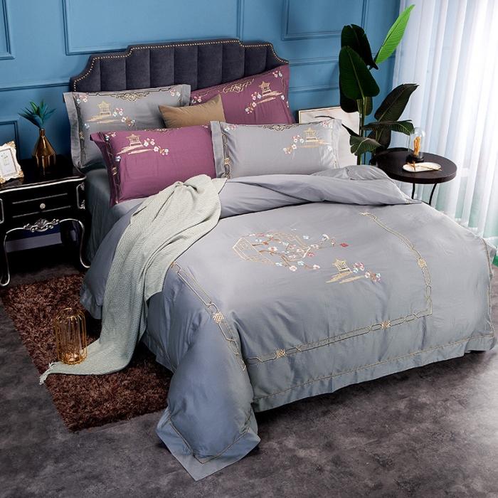 91家纺网 家纺一手货源 找家纺 雲归梦 2019新款60S长绒棉绣花四件套 庭院深深-霜灰色