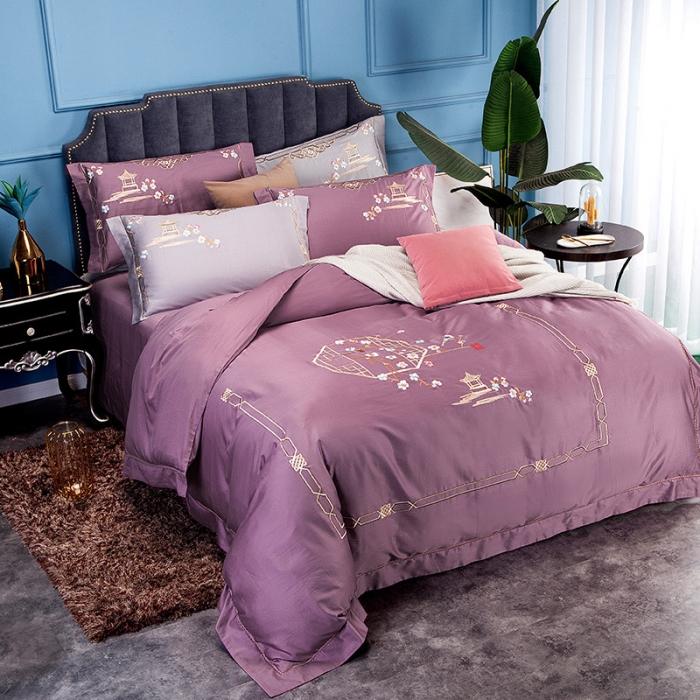 91家纺网 家纺一手货源 找家纺 雲归梦 2019新款60S长绒棉绣花四件套 庭院深深-西梅色