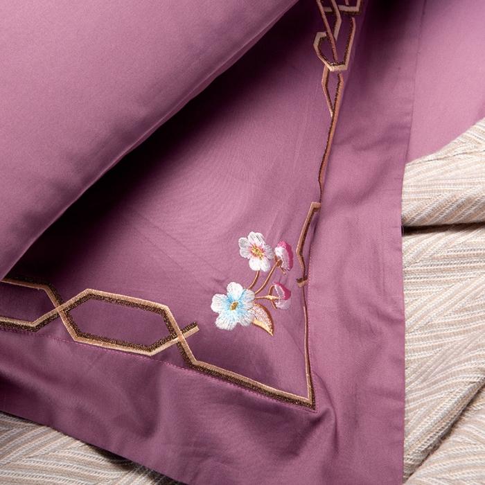 91家纺网 家纺一手货源 找家纺 雲归梦 2019新款60S长绒棉绣花四件套 庭院深深-西梅色