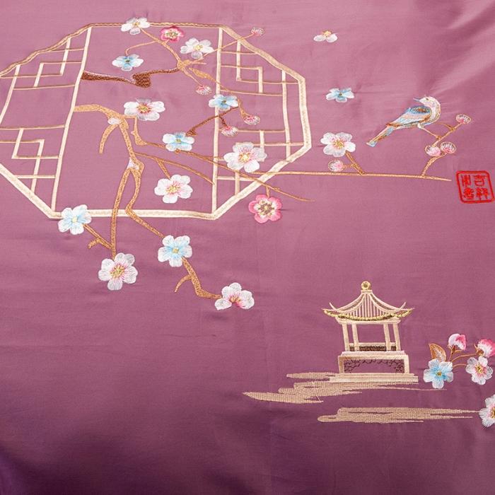 91家纺网 家纺一手货源 找家纺 雲归梦 2019新款60S长绒棉绣花四件套 庭院深深-西梅色