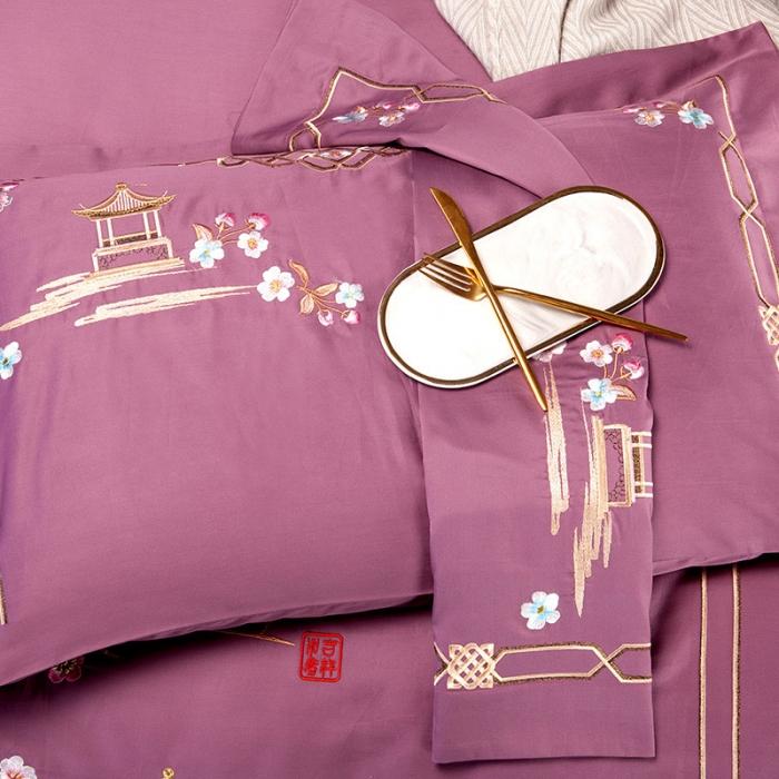 91家纺网 家纺一手货源 找家纺 雲归梦 2019新款60S长绒棉绣花四件套 庭院深深-西梅色