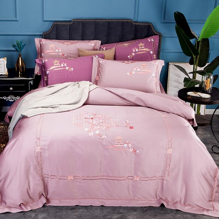 91家纺网 家纺一手货源 找家纺 雲归梦 2019新款60S长绒棉绣花四件套 庭院深深-夏日冰粉