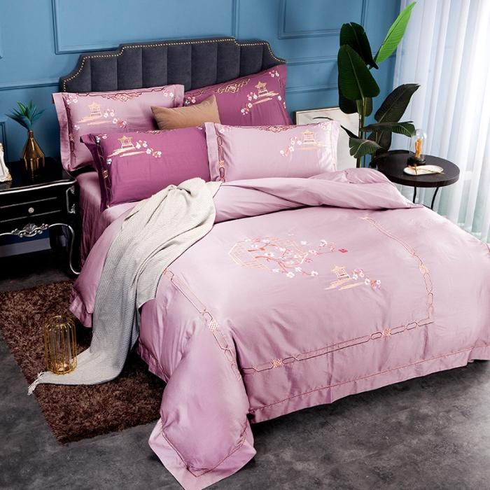 91家纺网 家纺一手货源 找家纺 雲归梦 2019新款60S长绒棉绣花四件套 庭院深深-夏日冰粉