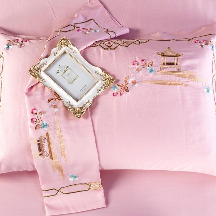 91家纺网 家纺一手货源 找家纺 雲归梦 2019新款60S长绒棉绣花四件套 庭院深深-夏日冰粉