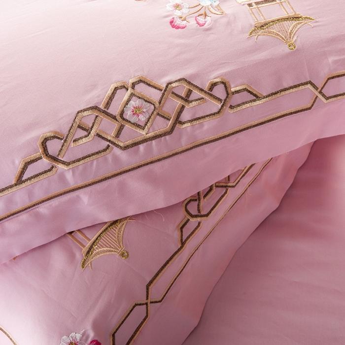 91家纺网 家纺一手货源 找家纺 雲归梦 2019新款60S长绒棉绣花四件套 庭院深深-夏日冰粉