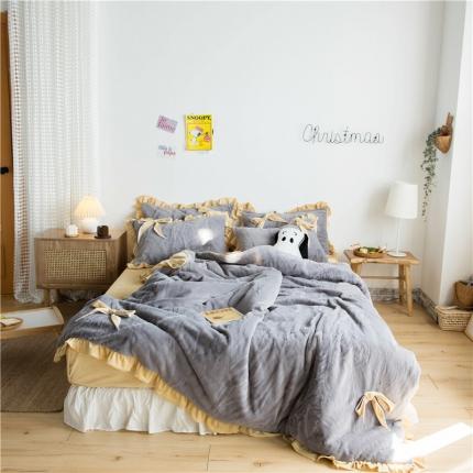 北纬27度 韩国兔兔绒少女心蝴蝶结四件套 萌萌椰子灰