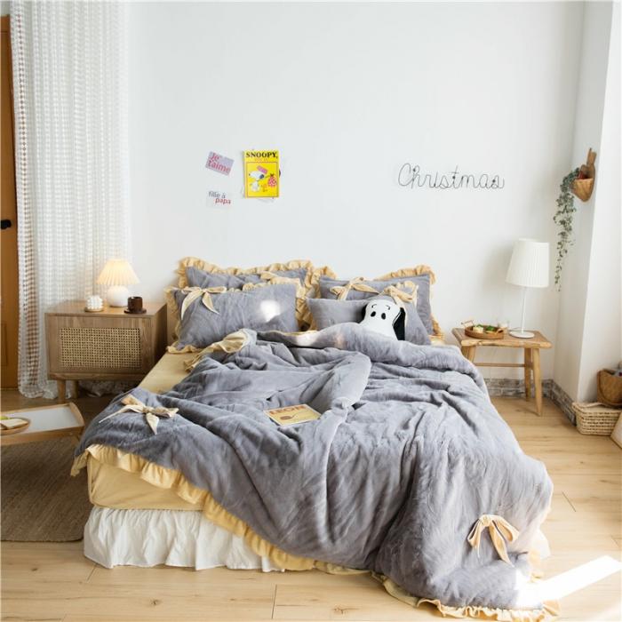 91家纺网 家纺一手货源 找家纺 北纬27度 韩国兔兔绒少女心蝴蝶结四件套 萌萌椰子灰