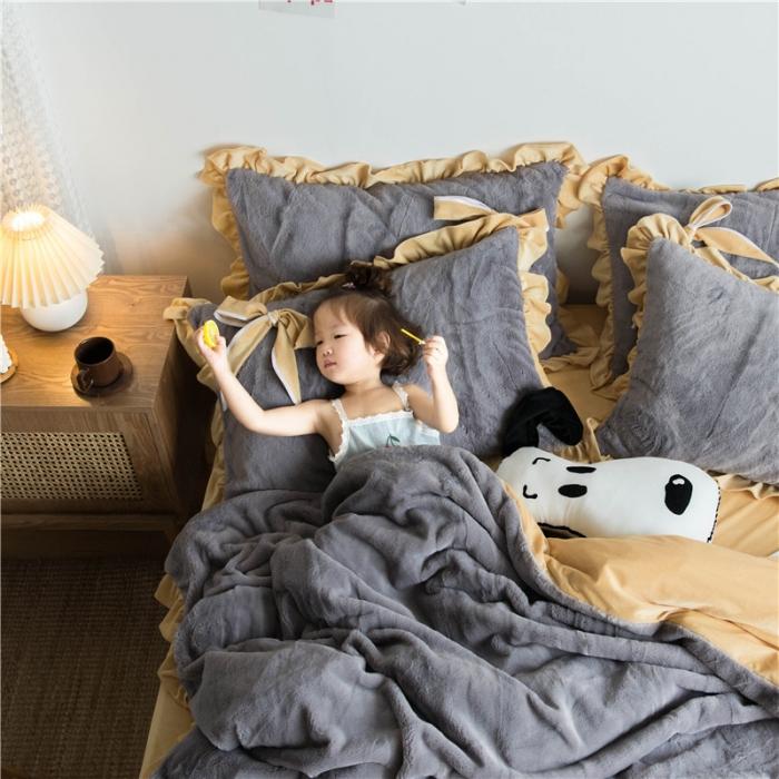 91家纺网 家纺一手货源 找家纺 北纬27度 韩国兔兔绒少女心蝴蝶结四件套 萌萌椰子灰