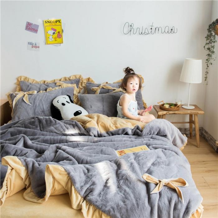 91家纺网 家纺一手货源 找家纺 北纬27度 韩国兔兔绒少女心蝴蝶结四件套 萌萌椰子灰