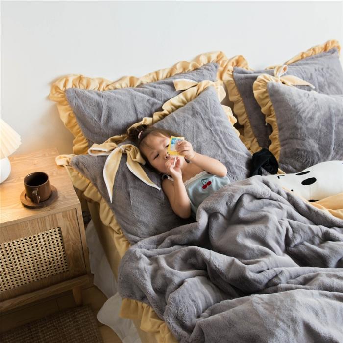 91家纺网 家纺一手货源 找家纺 北纬27度 韩国兔兔绒少女心蝴蝶结四件套 萌萌椰子灰