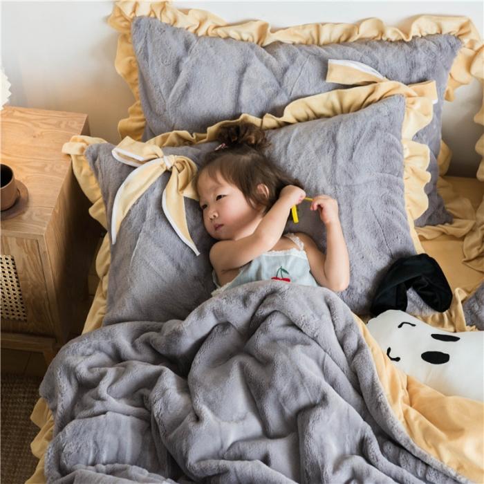 91家纺网 家纺一手货源 找家纺 北纬27度 韩国兔兔绒少女心蝴蝶结四件套 萌萌椰子灰