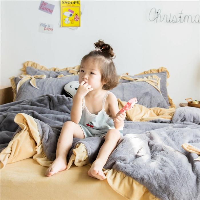 91家纺网 家纺一手货源 找家纺 北纬27度 韩国兔兔绒少女心蝴蝶结四件套 萌萌椰子灰