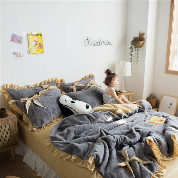 91家纺网 家纺一手货源 找家纺 北纬27度 韩国兔兔绒少女心蝴蝶结四件套 萌萌椰子灰