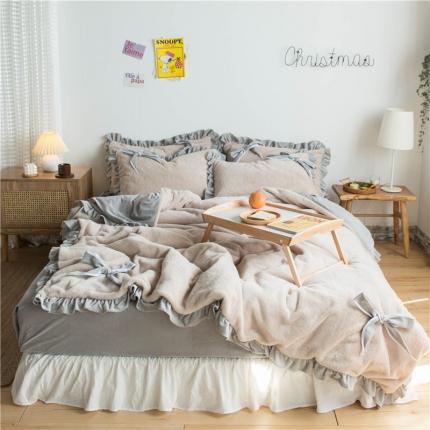 91家纺网 家纺一手货源 找家纺 北纬27度 韩国兔兔绒少女心蝴蝶结四件套 洋气曲奇咖