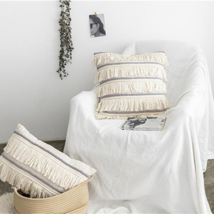 91家纺网 家纺一手货源 找家纺 918家纺 2021新款北欧ins风棉麻流苏抱枕 正方形