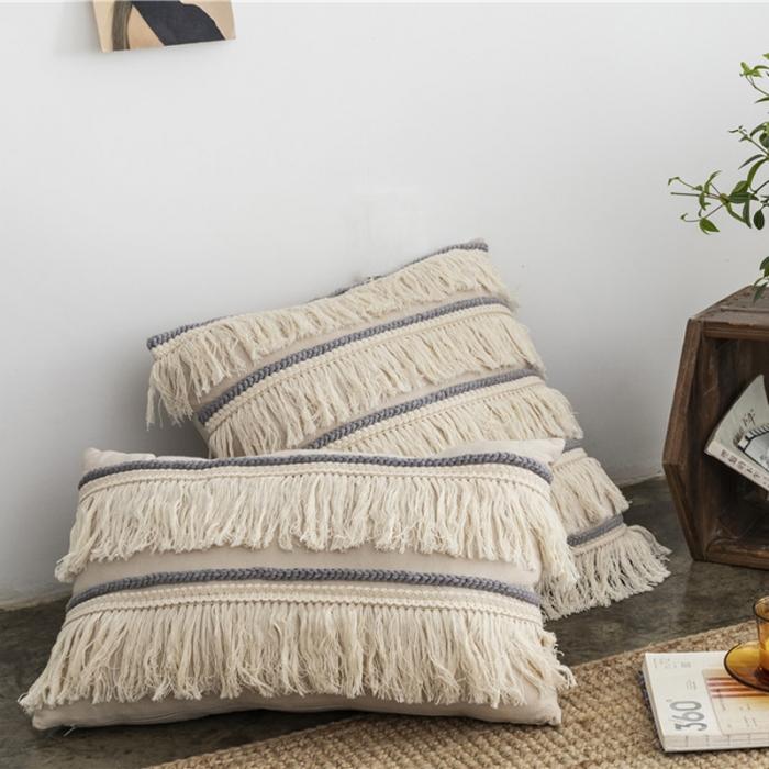 91家纺网 家纺一手货源 找家纺 918家纺 2021新款北欧ins风棉麻流苏抱枕 正方形