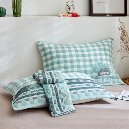 91家纺网 家纺一手货源 找家纺 朴尔三层纱布枕巾一对装全棉柔软透气加厚情侣成人枕巾 云朵-绿