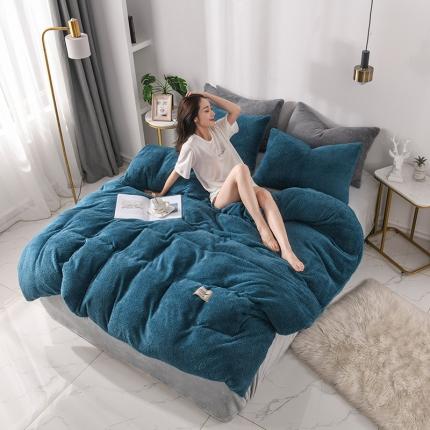 91家纺网 家纺一手货源 找家纺 朗莎家纺 2019新款加厚保暖羊羔绒四件套单品单被套床单 午夜蓝