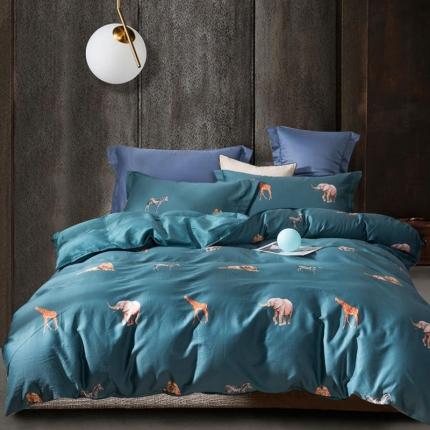 91家纺网 家纺一手货源 找家纺 用心2020款60s全棉长绒棉印花ab版四件套非洲乐园深湖蓝