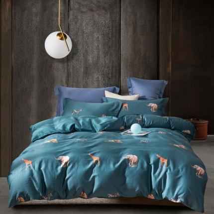 用心2020款60s全棉长绒棉印花ab版四件套非洲乐园深湖蓝