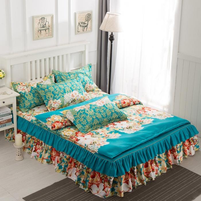 91家纺网 家纺一手货源 找家纺 梦柏家纺 2019新款加厚磨毛小版四件套床裙款 蓝色花语