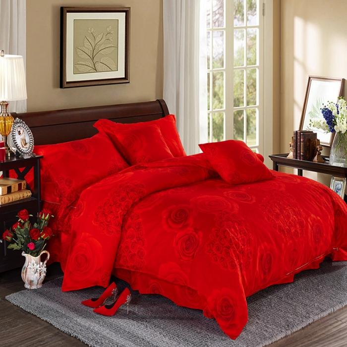 91家纺网 家纺一手货源 找家纺 梦柏家纺 2019新款加厚磨毛小版四件套床裙款 浓情玫瑰-红