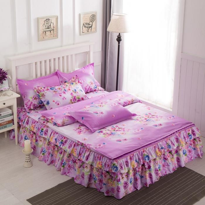 91家纺网 家纺一手货源 找家纺 梦柏家纺 2019新款加厚磨毛小版四件套床裙款 紫色芬芳