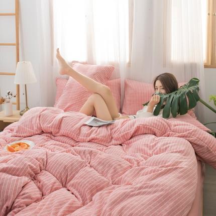 91家纺网 家纺一手货源 找家纺 佰亿莱 2024新款牛奶绒无印款四件套 条纹粉