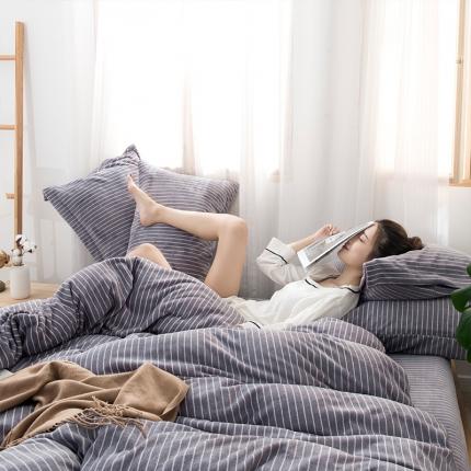 91家纺网 家纺一手货源 找家纺 佰亿莱 2024新款牛奶绒无印款四件套 条纹紫