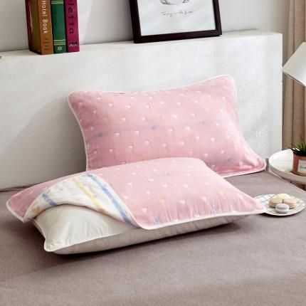 朴尔全棉一对装成人情侣婴童单人学生六层纱布枕巾爱心粉