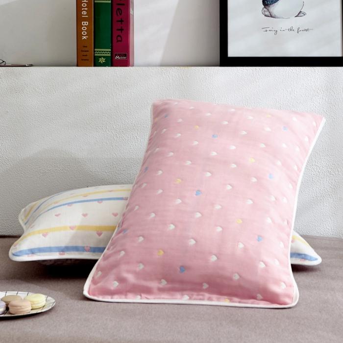 91家纺网 家纺一手货源 找家纺 朴尔全棉一对装成人情侣婴童单人学生六层纱布枕巾爱心粉