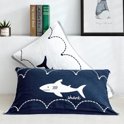 91家纺网 家纺一手货源 找家纺 朴尔 2019新款四层纱布大版花枕巾 50*80 鲸鱼-藏青