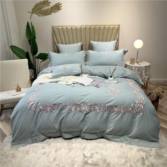 91家纺网 家纺一手货源 找家纺 馨蕊家居 2021新款60磨毛绣花四件套 梦町-抹茶绿磨毛