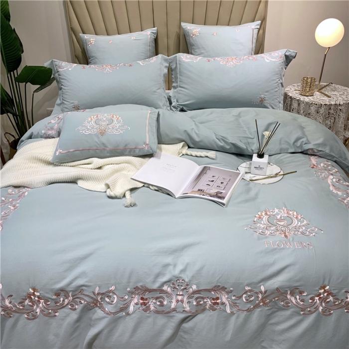 91家纺网 家纺一手货源 找家纺 馨蕊家居 2021新款60磨毛绣花四件套 梦町-抹茶绿磨毛