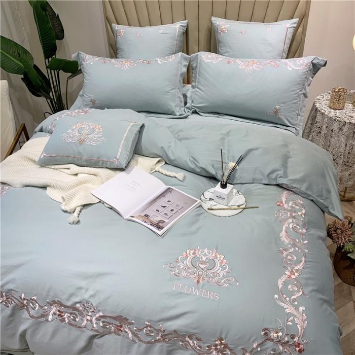 91家纺网 家纺一手货源 找家纺 馨蕊家居 2021新款60磨毛绣花四件套 梦町-抹茶绿磨毛